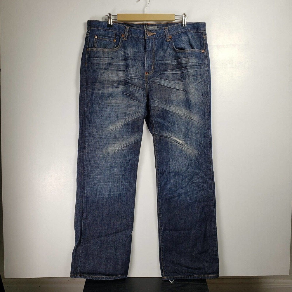 Apt. 9 Straight Jeans Mens Size 38 x 30 Blue Dark Wash Cotton Denim Distressed